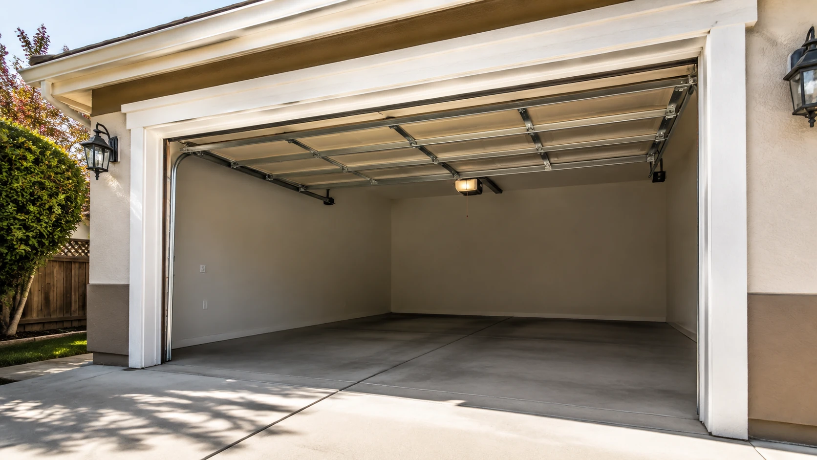 Fremont residential garage door installation with clean panels, tracks, opener rail, and weather seal.