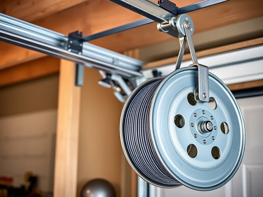 Garage door lift cable and drum assembly shown beside a vertical track