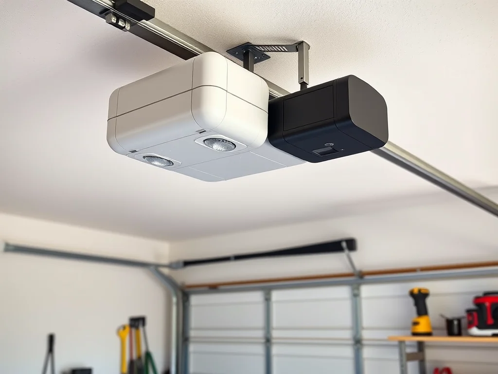 Ceiling mounted garage door opener rail and photo-eye sensors in a clean residential garage
