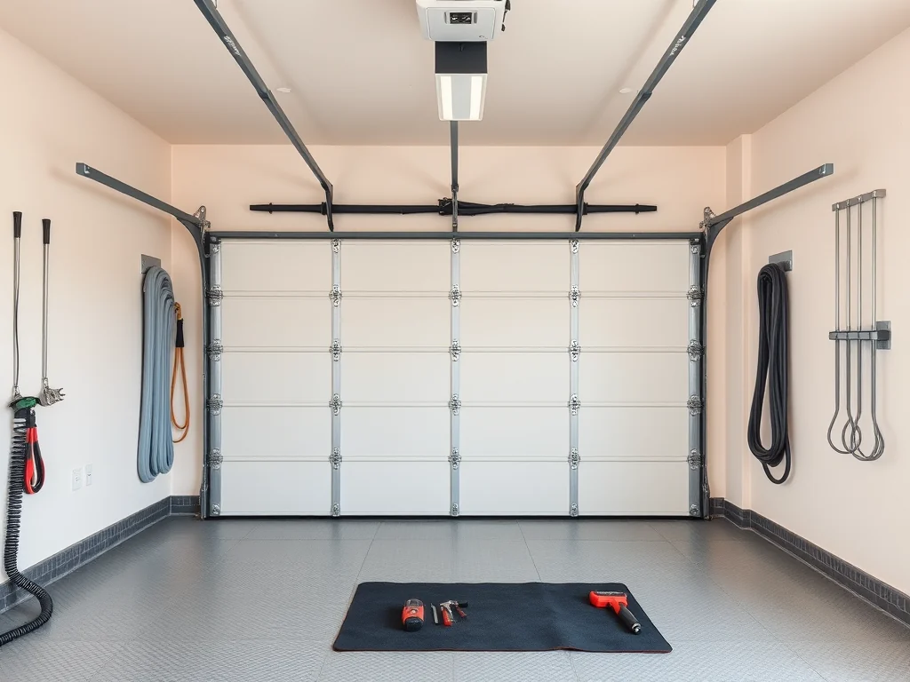 Residential garage door track and roller inspection setup in a clean garage